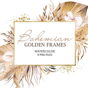 Clipart de mariage bohème aquarelle, 14 cadres PNG - Pampas, monstera et feuilles de palmier pour des invitations, de la papeterie, des histoires et de la conception de fête