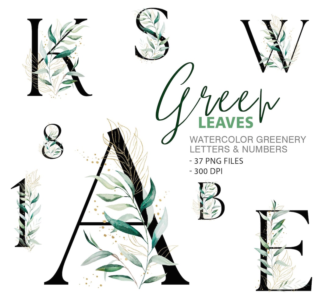 Watercolor Greenery Alphabet PNG: Elegant Wedding Letters & Numbers ...