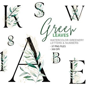 Alphabet aquarelle feuilles vertes PNG - 37 lettres et chiffres de mariage élégants pour numéro de table, monogramme, papeterie de fête et invitations