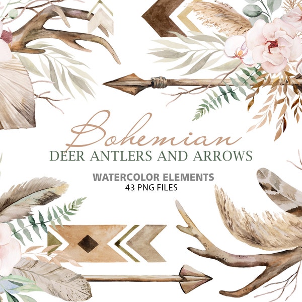 Watercolor Bohemian single elements - antlers, arrows, dried leaves and flowers, tribal and ethnic clipart  43 PNG isolated illustrations