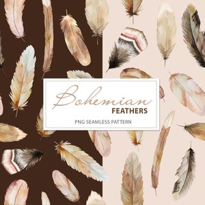Aquarell Boho Nahtlos Muster mit braunen und beige Federn, 4000x4000px PNG Hochzeit Illustration
