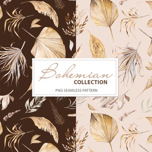 Aquarelle boho sans couture avec herbe de pampa et feuilles tropicales séchées, 4000x4000px PNG boho illustration de mariage