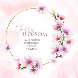 Cornici dorate di sakura ad acquerello con fiori di ciliegio rosa pastello per cancelleria giapponese per matrimoni e feste primaverili, 9 PNG download immediato