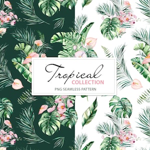 Watercolor Tropical Seamless Pattern – PNG with Palm, Monstera, Banana Leaves, anthurium and Orchid flowers – 3600x3600px Summer Floral
