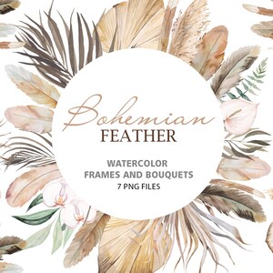 Aquarelle Boho bouquets et cadres avec plumes, feuilles séchées et fleurs, clipart boho tropical 14 PNG illustrations téléchargement instantané