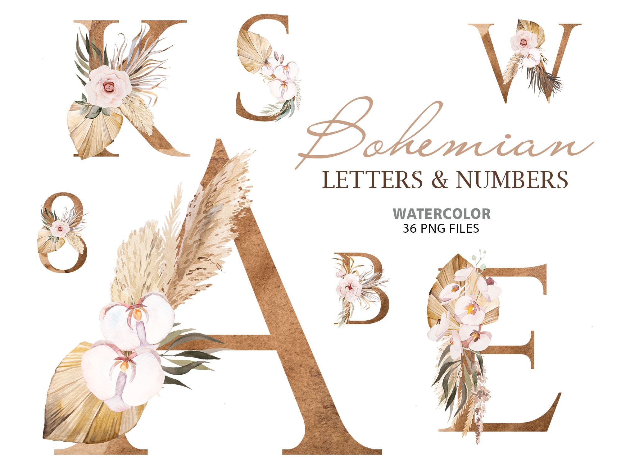 Boda Boho letras y números del alfabeto con acuarela hojas - Etsy España