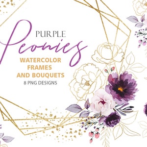 Cornici e bouquet di peonie viola e dorate ad acquerello, rose floreali botaniche, fiori e foglie selvatiche, 8 PNG download istantaneo