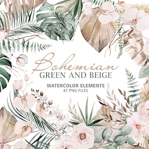 Clipart acquerello boho - 33 PNG con foglie tropicali ed erba della pampa in beige tenue e verde pastello fresco, design per matrimoni e feste