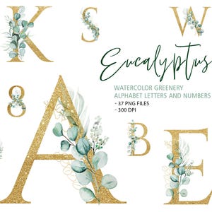 Alfabeto de boda de eucalipto verde dorado 37 PNG, Clipart de vegetación de eucalipto para monogramas y decoración de bodas, logotipo de letras para ramo