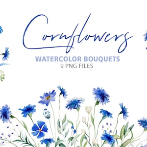 Aquarel bloemenboeketten - blauwe korenbloemen en groene bladeren voor zomer bruiloft en feest briefpapier 9 instant download png