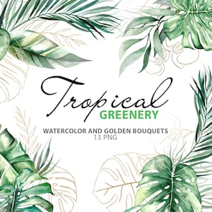 Watercolor Tropical green and golden leaves designs, Jungle bouquets, brazil greenery, 13 PNG wedding illustrations instant download