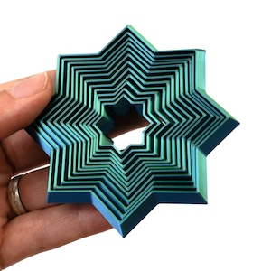 Puede incluir: Un juego de ocho cortadores de galletas en forma de estrella azul y verde, anidados en una mano.