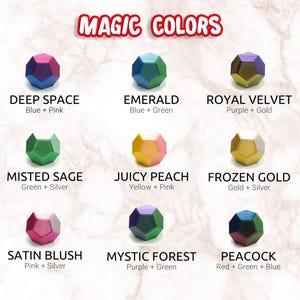 May include: An image displays nine multi-faceted, geometric shapes in various color combinations, labeled with names like "Deep Space" and "Emerald." The text "MAGIC COLORS" is at the top, with the Aline3D logo at the bottom.