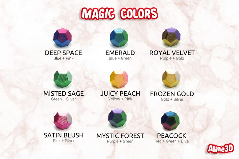May include: An image displays nine multi-faceted, geometric shapes in various color combinations, labeled with names like "Deep Space" and "Emerald." The text "MAGIC COLORS" is at the top, with the Aline3D logo at the bottom.