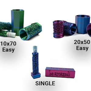 May include: An assortment of colorful, geometric metal containers. The image includes cylindrical and rectangular shapes in shades of green, blue, and purple. Some pieces have a maze-like design. Text on the image reads "10x70 Easy", "20x50 Easy", and "SINGLE".