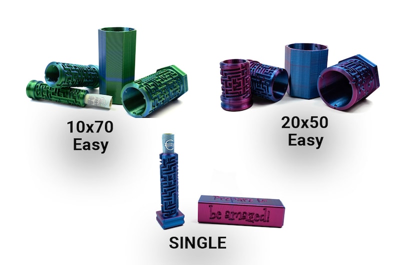 May include: An assortment of colorful, geometric metal containers. The image includes cylindrical and rectangular shapes in shades of green, blue, and purple. Some pieces have a maze-like design. Text on the image reads "10x70 Easy", "20x50 Easy", and "SINGLE".