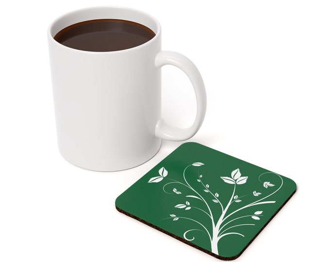 Green and White Filigree Leafy Cork Back Coaster