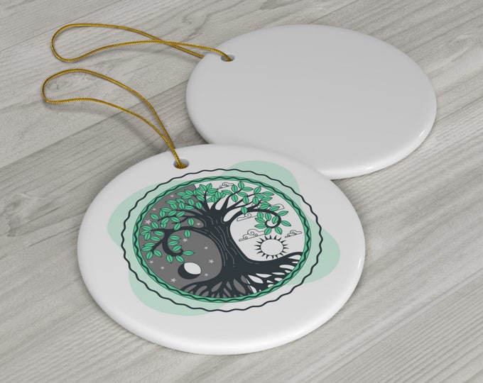 Green Tree Moon Sun Ceramic Ornament