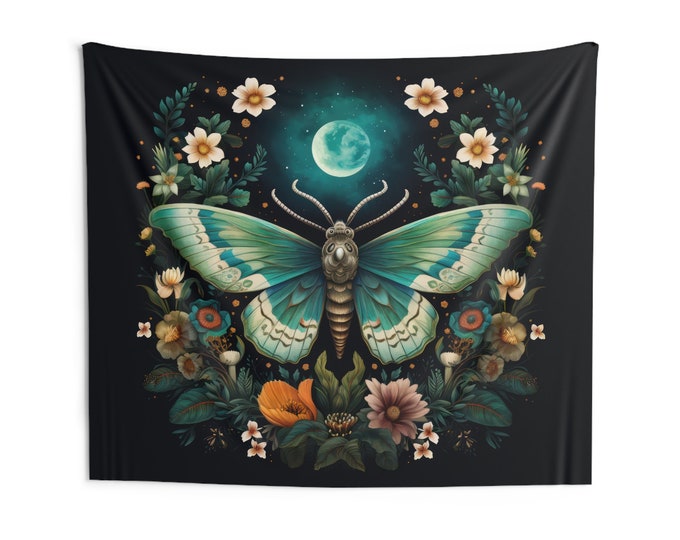 Dark Botanical Moth Indoor Wall Tapestries