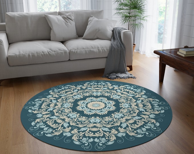Teal Ornamental Round Rug