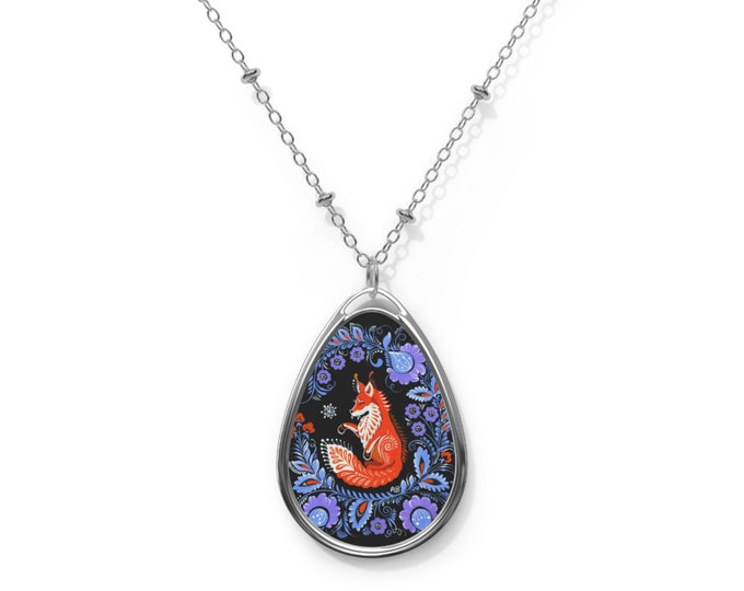 Rosemaling Fox Oval Necklace