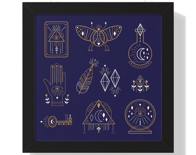 Gold and White Linework Witchy Print Framed Horizontal Poster