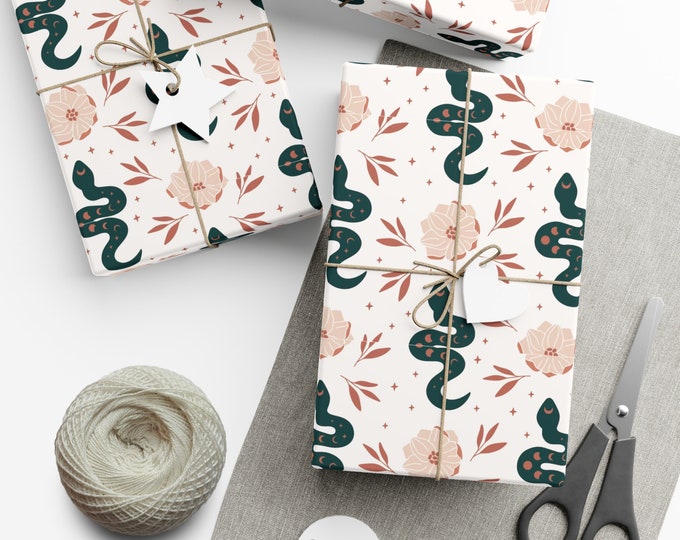 Moon Phase Snake White and Green Gift Wrap Papers