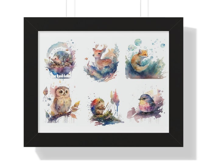 Watercolor Cute Forest Critters Framed Horizontal Poster