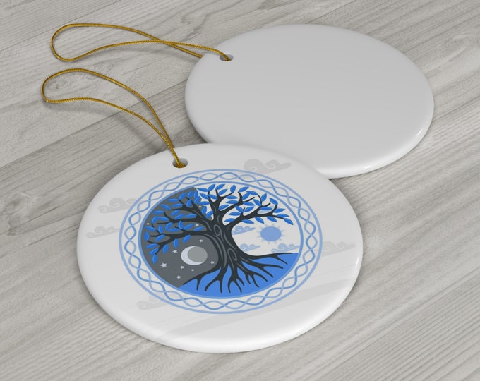 Blue Tree Sun Moon Ceramic Ornament
