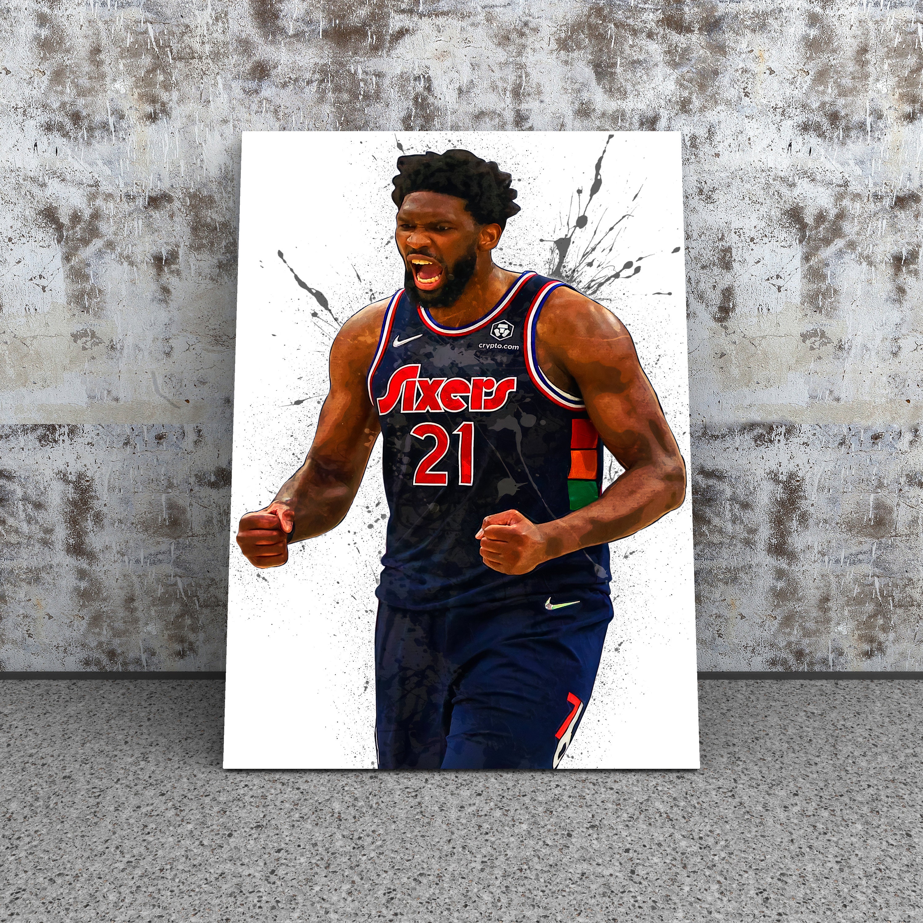  MW MERWEZI Joel Embiid Jersey Art Philadelphia 76ers NBA Wall  Art Home Decor Hand Made Poster Canvas Print(Stretched on Wood, 20x30):  Posters & Prints
