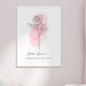 Custom Newborn Birth Poster, Personalised Baby Poster, Nursery Decor, Birth Gift, Sketch, Birth Flower Poster, Watercolor, DIGITAL FILE