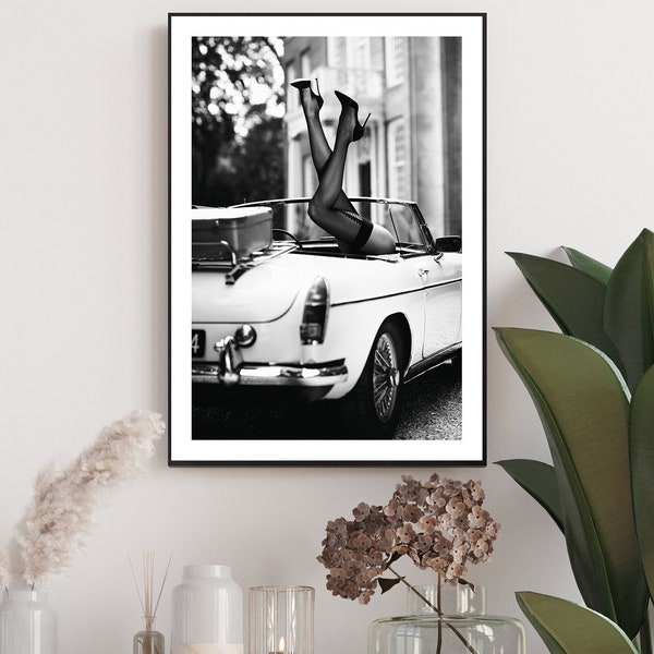 High Heels in Classic Car Poster, Black and White Fashion Photography, Fashion Wall Art Print, Printable Wall Art, Digital Download, Gift
