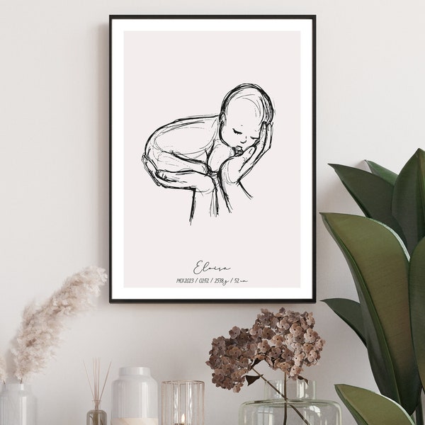 Custom Newborn Birth Poster, Personalised Baby Poster, Nursery Decor, Birth Gift, Sketch, DIGITAL FILE