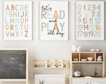 Lets Play Child's Nursery Poster Bedroom Kids Artwork Fun Prints Yellow Grey 