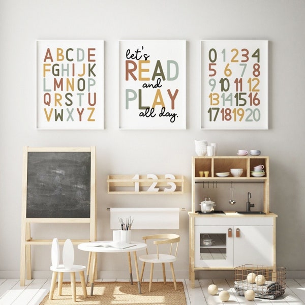 Spielzimmer Wandkunst, Spielzimmer Dekor, Spielzimmer Drucke, Lass uns den ganzen Tag spielen, Lass uns lesen, Kinderzimmer Wandkunst, ABC Poster, bedruckbar, Digitale Dateien