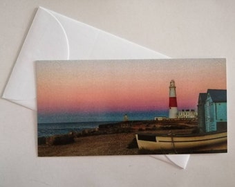 Leuchtturm- Portlandbill - Sonnenuntergang zeitgenössische- Panoramakarten - Postkarte- Danke-Missyou-Feiern-flach aufgeklappt
