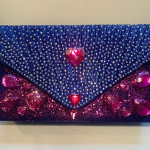 Blue Satin Handbag / Rhinestones. Inches - 8.5 w  x 5.5 h x 2 d