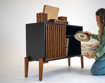 Black Urban Slat Record Player Vinyl Storage Stand