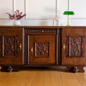 Dark Walnut Antique Carved Wood Sideboard Buffet