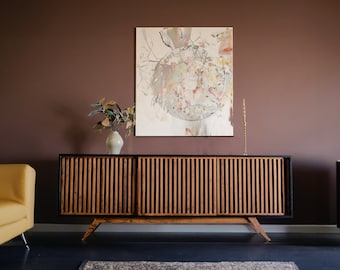 Mid-Century Urban Oak Wood Black Sideboard Cabinet, Modern Console Credenza