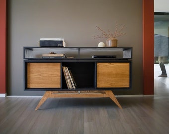 Mid-Century Modern Oak Two-Tier Player Vinyl Storage Stand