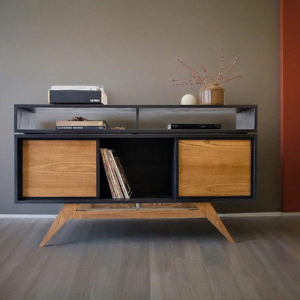 Mid-Century Modern Oak Two-Tier Record Player Stand