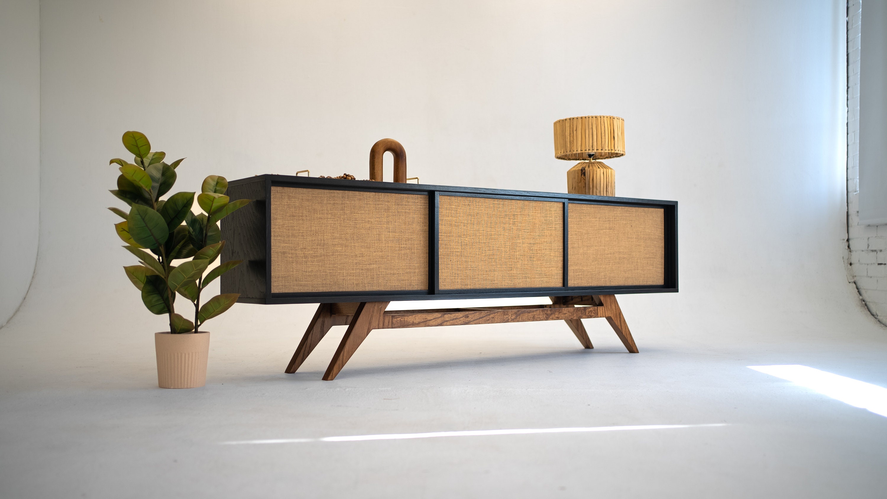 Black Mid century Modern Tv Stand Media Console Credenza Etsy