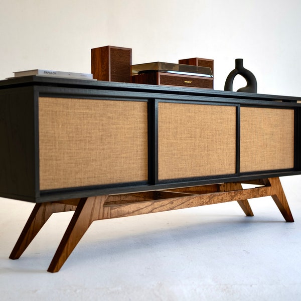 Black Oak Mid-Century Modern Record Player Vinyl Storage Stand