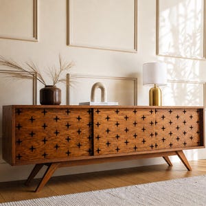 Mueble para equipo multimedia Star de mediados de siglo, soporte para tocadiscos con puertas corredizas.