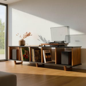 Black Oak Minimalist Record Player Vinyl Storage Stand, Bench