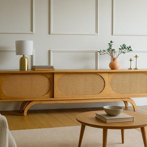 Golden White Oak Mid-Century Modern Sunset TV stand,  Record Player Stand