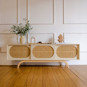 White Mid-Century Modern Sunset Tv Stand, Cane Rattan Media Console