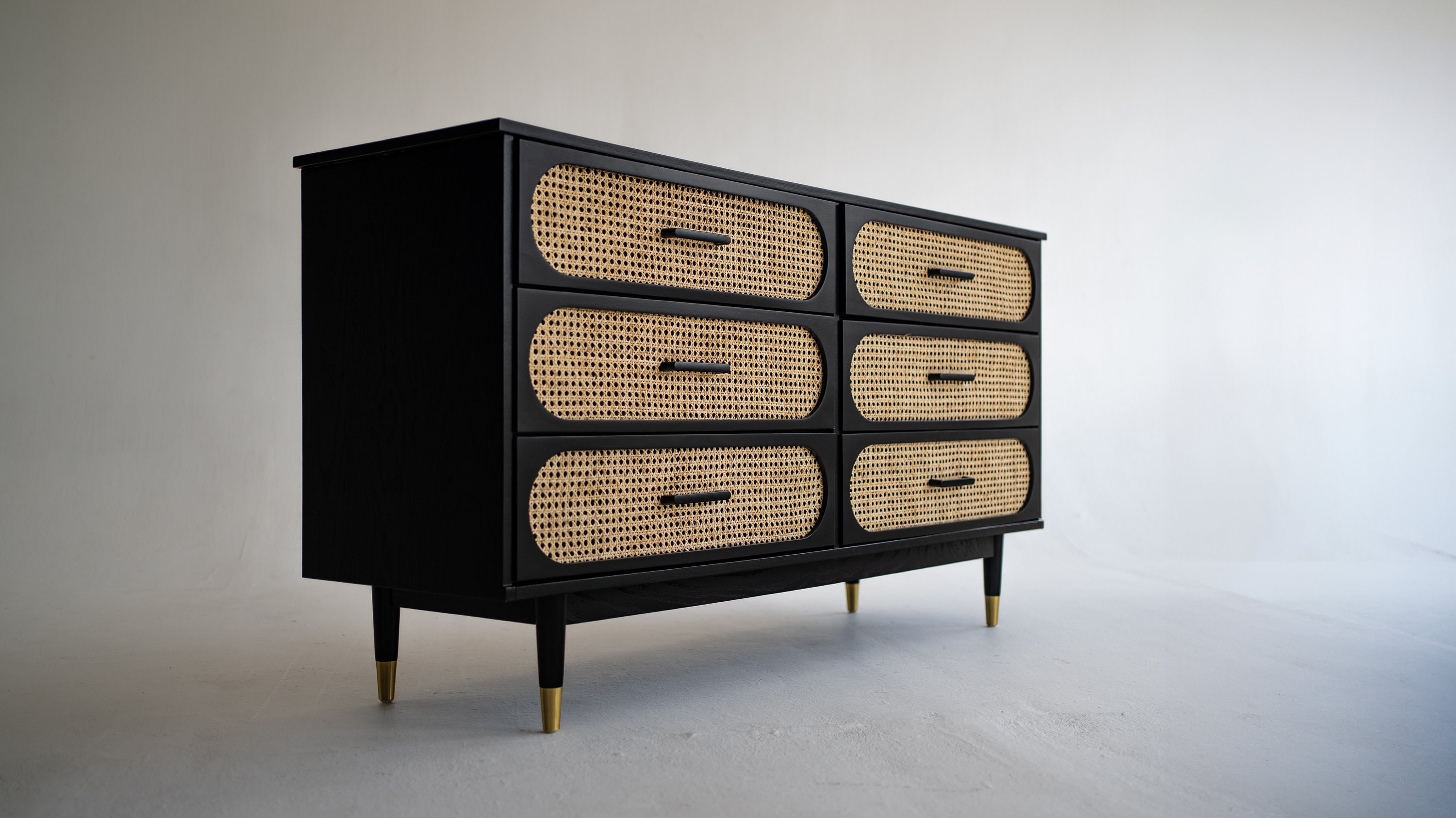 black cane dresser LuxenHome Black and Brown Wood 6-Drawer Rattan Dresser main image 1