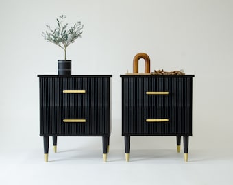 Black Mid-Century Modern Fluted Dowel Wood Nightstand Set Pair